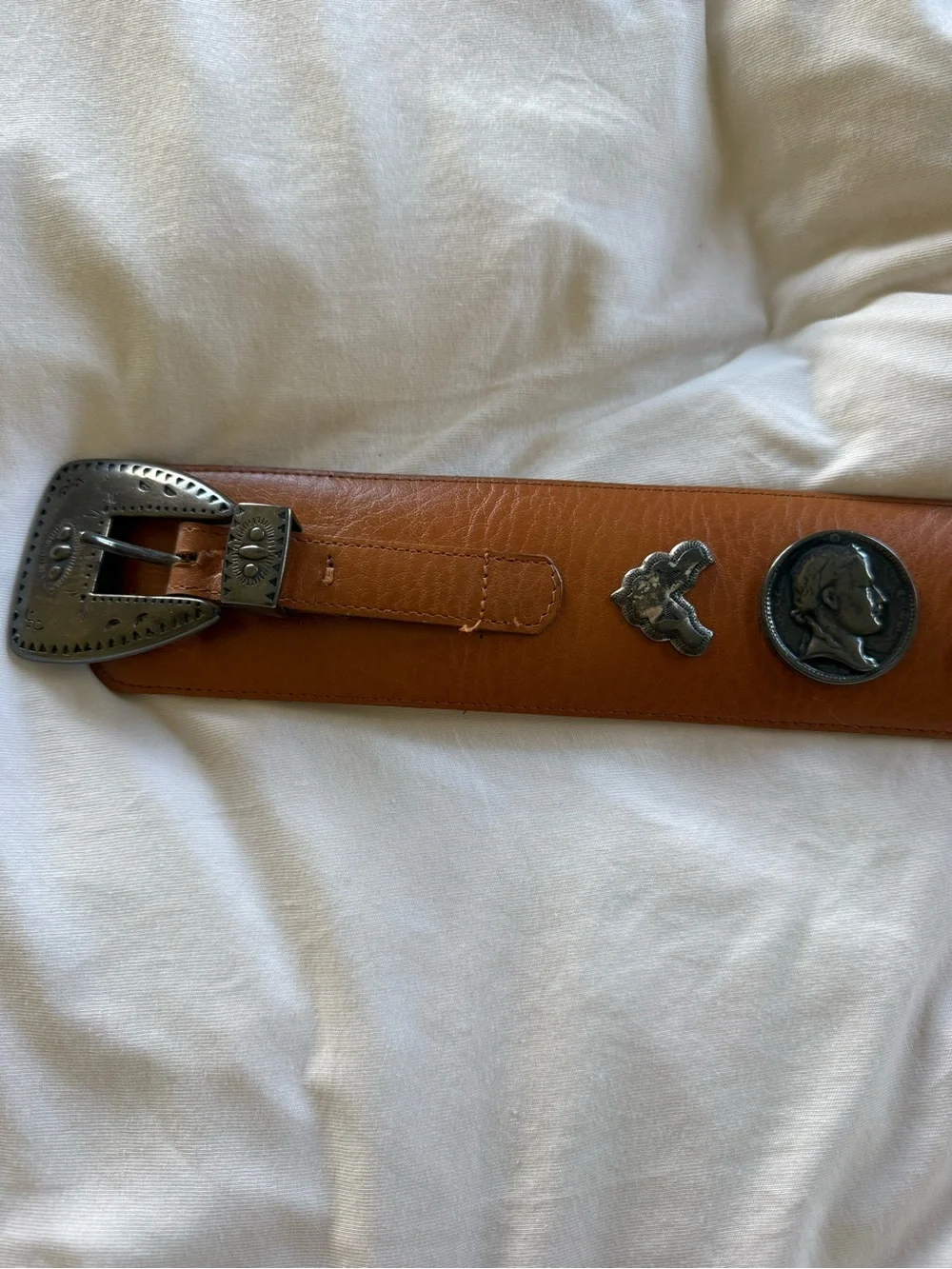 Leather Western-Style Brown Women's Belt with Metal Conchos